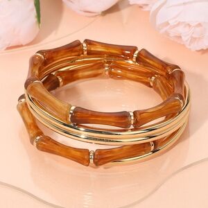 Brown Gold Bamboo Stretch Multi Layered Glossy Metal Stackable Bangle Bracelets